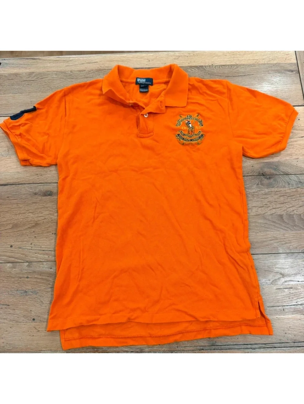 Orange Embroidered Crest Collared Short Sleeve Polo T-Shirt Size youth L (16/18)